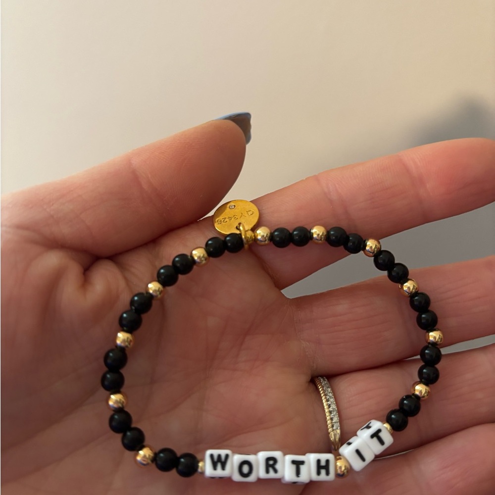 "Worth It" Little Words Project Black and Gold Beaded Stretch Bracelet - Picture 2 of 3